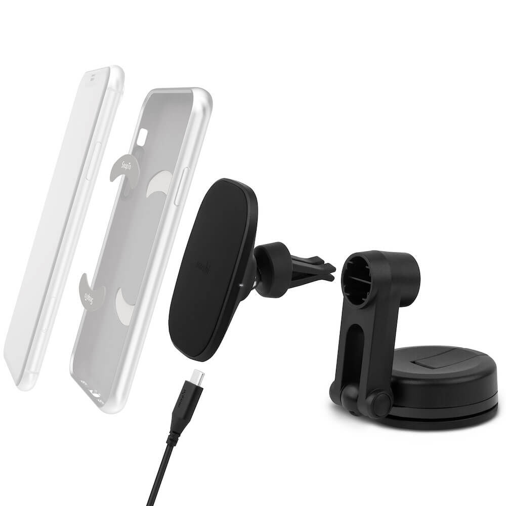 Moshi SnapTo Universal Car Mount 10W – магнитна поставка с безжично зареждане за таблото, стъклото или радиатора на кола и USB-C кабел (120 см) (черен)