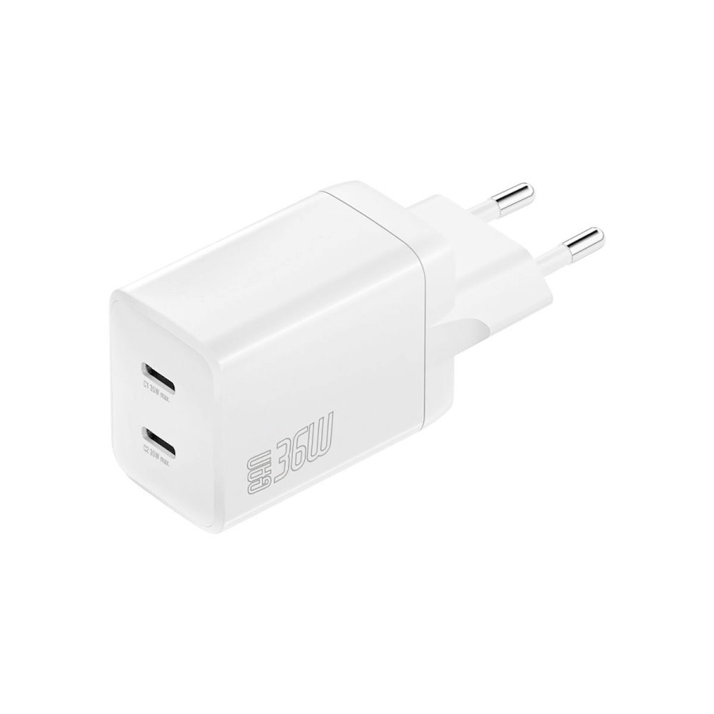 4smarts GaN 2C Wall Charger Dual USB-C 36W – захранване за ел. мрежа с 2xUSB-C PD изходи с технология за бързо зареждане (бял)