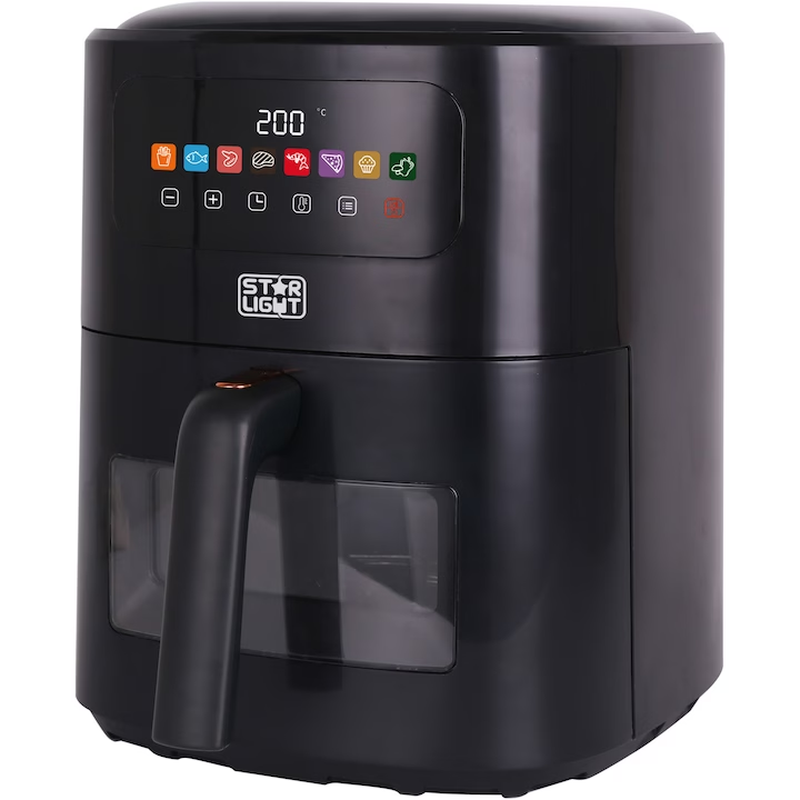 Фритюрник с горещ въздух Star-Light Airfryer DAFB-6017BL, 1700W, 6 л, Сензорно управление, LED дисплей, 8 предварително зададени програми, Защита от прегряване, Черен